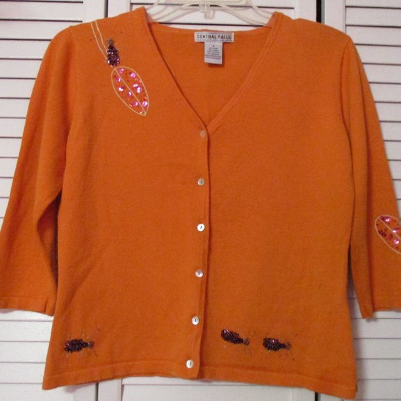 Central Falls Women's Orange Cardigan Sweater Embellished w/Flowers & Ants - Picture 1 of 8